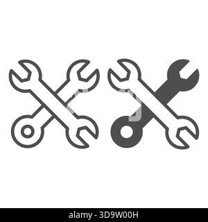 Two crossed wrenches line and solid icon, repair service concept. Vector graphics. Mechanic staff tools sign on white background, outline style icon f Stock Vector