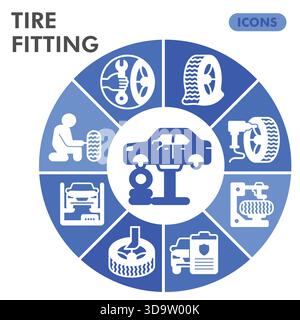 Tires fitting symbols collection or sketches, car service theme diagram pie in glyph style signs for web and app. Vector graphics isolated on white ba Stock Vector