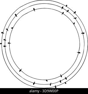 Vector trail print of bird isolated on white background. Circle silhouette. Starling birds flock on wires template Stock Vector