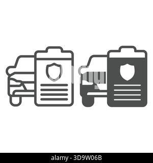 Car with document line and solid icon, automobile sales concept. Vector graphics. Motor vehicle power of attorney form paper sign on white background, Stock Vector