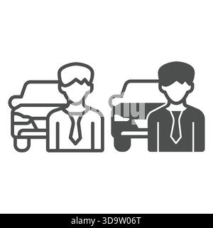 Manager man with new car model line and solid icon, automobile sales concept. Vector graphics. Car vehicle and customer sign on white background, outl Stock Vector