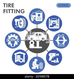 Tires fitting symbols collection or sketches, car service theme bubbles in glyph style signs for web and app. Vector graphics isolated on white backgr Stock Vector