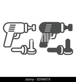 Electric screwdriver and screws line and solid icon, repair service concept. Vector graphics. Cordless drill, mechanic staff tool sign on white backgr Stock Vector