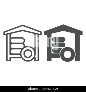Car wheel waste house line and solid icon, tires fitting concept. Vector graphics. Small storage for used tire, car service sign on white background, Stock Vector