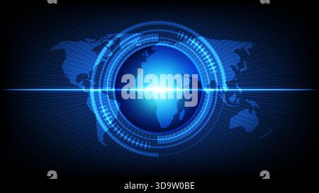 Futuristic digital globe with glowing blue light, global connections and tech interface elements on a dark background Stock Vector