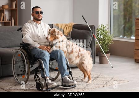 Blind young man in wheelchair with guide dog at home Stock Photo