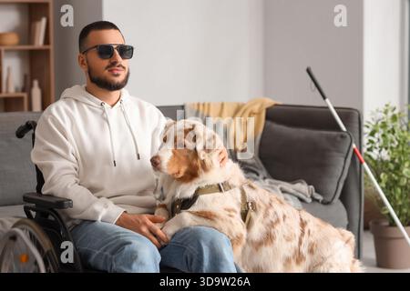 Blind young man in wheelchair with guide dog at home Stock Photo