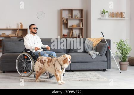 Blind young man in wheelchair with guide dog at home Stock Photo