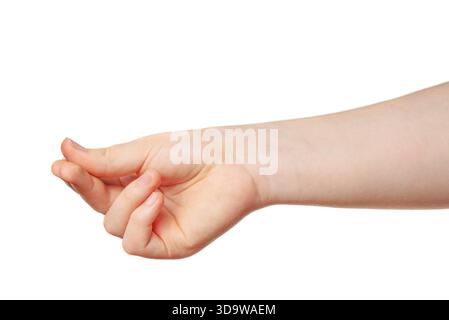 Childs hand mimicking a soft pinching motion, isolated on white for communication or symbolic use. Stock Photo