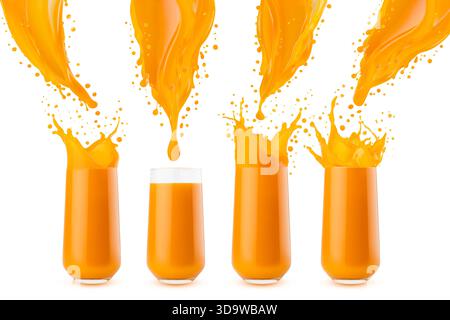 Fresh orange mango juice flow pour in glass with bright flying drops, splashes, isolated. Collection of four glasses. Healthy organic drink for detox Stock Photo