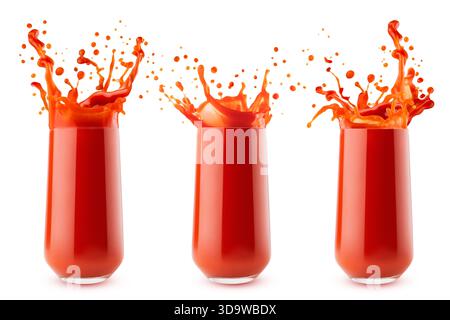 Red fresh vegetable pulpy tomato juice or bloody mary cocktail  in glass. Set of three glasses with dynamic splashes, flying drops, isolated. Vitamin Stock Photo