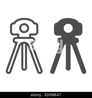 Camera on tripod line and solid icon, optical equipment concept. Vector graphics. Photo camera on stand, surveyor tool sign on white background, outli Stock Vector