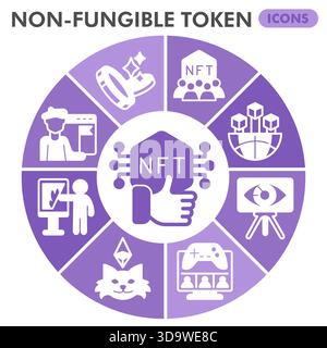 Non fungible token symbols collection or sketches, nft theme glyph bubbles style signs for web and app. Vector graphics isolated on white background Stock Vector