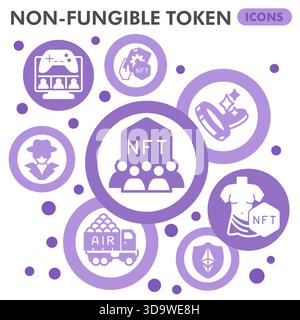 Non fungible token symbols collection or sketches, nft theme glyph bubbles style signs for web and app. Vector graphics isolated on white background Stock Vector