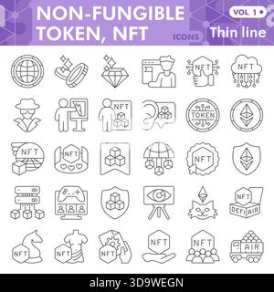 Non fungible token symbols collection or sketches, nft theme in linear style signs for web and app. Vector graphics isolated on white background Stock Vector