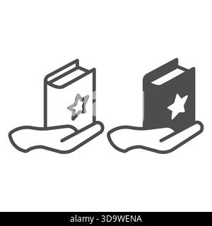 Hand and bestseller book line and solid icon, book festival concept. Vector graphics. Book with star in hand, famous author story sign on white backgr Stock Vector