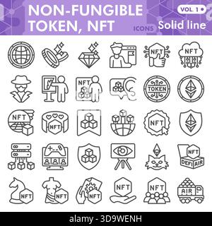 Non fungible token symbols collection or sketches, nft theme in line style signs for web and app. Vector graphics isolated on white background Stock Vector