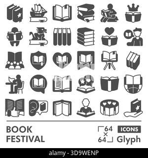 Book festival symbols collection or sketches, books theme in glyph style signs for web and app. Vector graphics isolated on white background Stock Vector