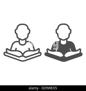 Textbook and reader man line and solid icon, book festival concept. Vector graphics. Book with human avatar, reading sign on white background, outline Stock Vector