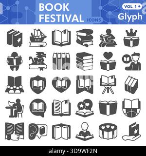 Book festival symbols collection or sketches, books theme in glyph style signs for web and app. Vector graphics isolated on white background Stock Vector