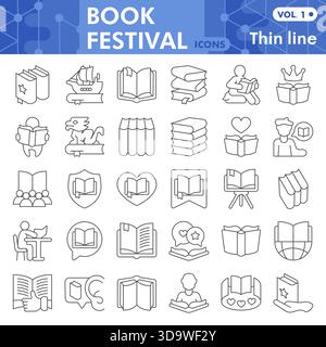 Book festival symbols collection or sketches, books theme in linear style signs for web and app. Vector graphics isolated on white background Stock Vector