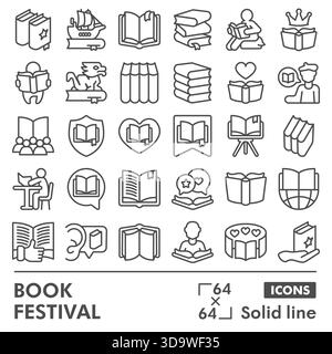 Book festival symbols collection or sketches, books theme in line style signs for web and app. Vector graphics isolated on white background Stock Vector