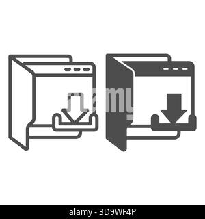 Opened folder with downloads page window line and solid icon, data hoarding concept. Vector graphics. Downloads basket in folder sign on white backgro Stock Vector