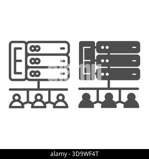 Users with access granted to drives array line and solid icon, data hoarding concept. Vector graphics. Hosting storage to others sign on white backgro Stock Vector