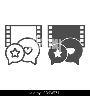 Movie positive review line and solid icon, positive review concept. Vector graphics. Film popup bubbles with star and heart shape sign on white backgr Stock Vector