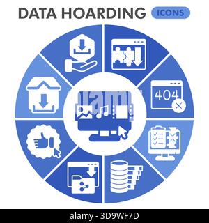 Data hoarding symbols collection or sketches, disk storage theme bubble with glyph style signs for web and app. Vector graphics isolated on white back Stock Vector