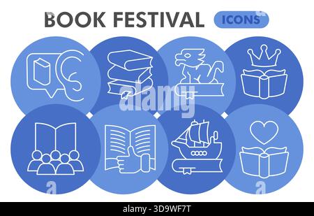 Book festival symbols collection or sketches, books theme bubbles in thin line style signs for web and app. Vector graphics isolated on white backgrou Stock Vector