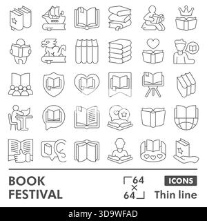 Book festival symbols collection or sketches, books theme in linear style signs for web and app. Vector graphics isolated on white background Stock Vector