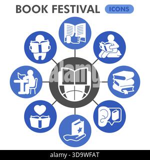 Book festival symbols collection or sketches, books theme bubble with glyph style signs for web and app. Vector graphics isolated on white background Stock Vector