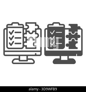 Monitor screen with checklist of puzzle pieces line and solid icon, data hoarding concept. Vector graphics. Content creation list sign on white backgr Stock Vector