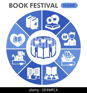 Book festival symbols collection or sketches, books theme bubble with glyph style signs for web and app. Vector graphics isolated on white background Stock Vector