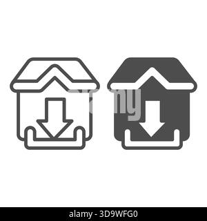 House with downloads basket line and solid icon, data hoarding concept. Vector graphics. Cottage building and loading down arrow sign on white backgro Stock Vector