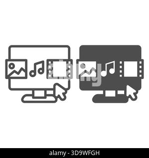 Display with pictures, music, movie and cursor line and solid icon, data hoarding concept. Vector graphics. Screen of multimedia sign on white backgro Stock Vector