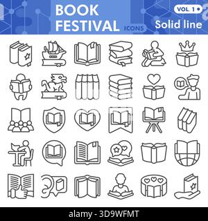 Book festival symbols collection or sketches, books theme in line style signs for web and app. Vector graphics isolated on white background Stock Vector