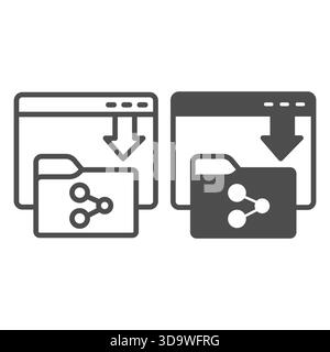 Folder with sharing access line and solid icon, data hoarding concept. Vector graphics. Window with downloads page and folder sign on white background Stock Vector