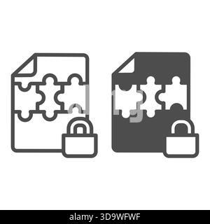 Locked file of puzzle pieces line and solid icon, data hoarding concept. Vector graphics. File of game content with lock, secure sign on white backgro Stock Vector