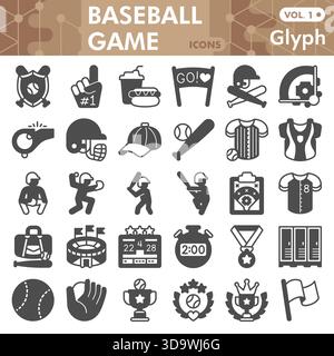 Baseball game symbols collection or sketches, baseball theme in glyph style signs for web and app. Vector graphics isolated on white background Stock Vector