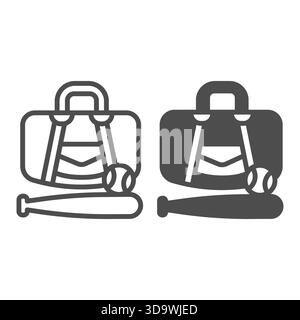 Bag with bat and ball line and solid icon, baseball game concept. Vector graphics. Baseball player accessory, sport sign on white background, outline Stock Vector