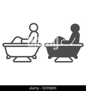 Human in bathtub line and solid icon, spa salon concept. Vector graphics. Bathroom with towel and mat, bath time sign on white background, outline sty Stock Vector