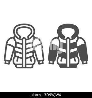 Down jacket with warm hood line and solid icon, autumn clothing concept. Vector graphics. Coat with head hood for men, clothes sign on white backgroun Stock Vector