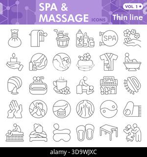 Spa and massage symbols collection or sketches, masseur theme in thin line style signs for web and app. Vector graphics isolated on white background Stock Vector