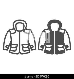 Jacket with pockets and hood line and solid icon, autumn clothing concept. Vector graphics. Coat with head hood for men, clothes sign on white backgro Stock Vector