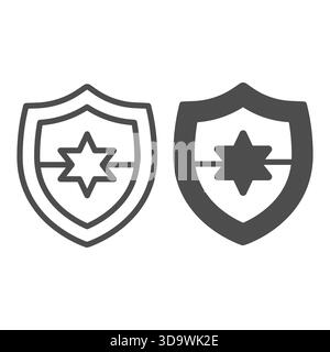 Defense shield and sheriff badge line and solid icon, police force concept. Vector graphics. Police safety emblem with star shape sign on white backgr Stock Vector