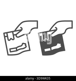 Sack with evidence in hand line and solid icon, police force concept. Vector graphics. Evidence bag with cigarette, investigation sign on white backgr Stock Vector