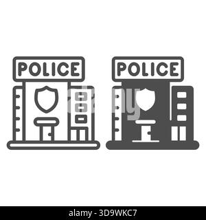 Police department station line and solid icon, police force concept. Vector graphics. Building with safety emblem and entrance sign on white backgroun Stock Vector