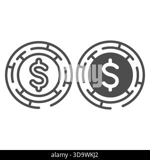 Round labyrinth with dollar coin line and solid icon, financial tech concept. Vector graphics. Coin in circle of quest sign on white background, outli Stock Vector